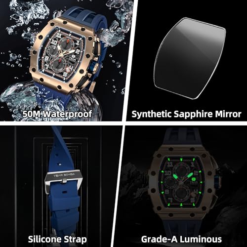 Image of Tsar Bomba Mens Watches Quartz Wristwatch for Men Waterproof 50M Analog Luxury Tonneau Chronograph Calendar Date Men's Dress Business Work Watch Gift for Men
