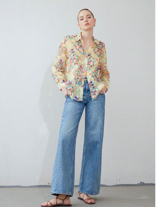 Image of Women Shirt || Women Top ||Floral Print Polo Collar Shirt, Casual Long Sleeve (S-26-28)