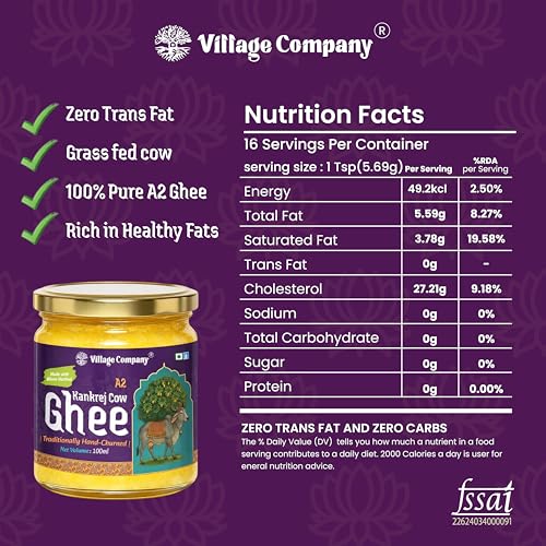 Image of Village Company A2 Cow Ghee Bilona Method | Kankrej Cow A2 Ghee | Bilona Ghee | Desi Cow Ghee | Two Way Curd Churned | Grainy Danedar Aromatic | Lab Tested | Glass Jar A2 Pure Ghee (100 ml)