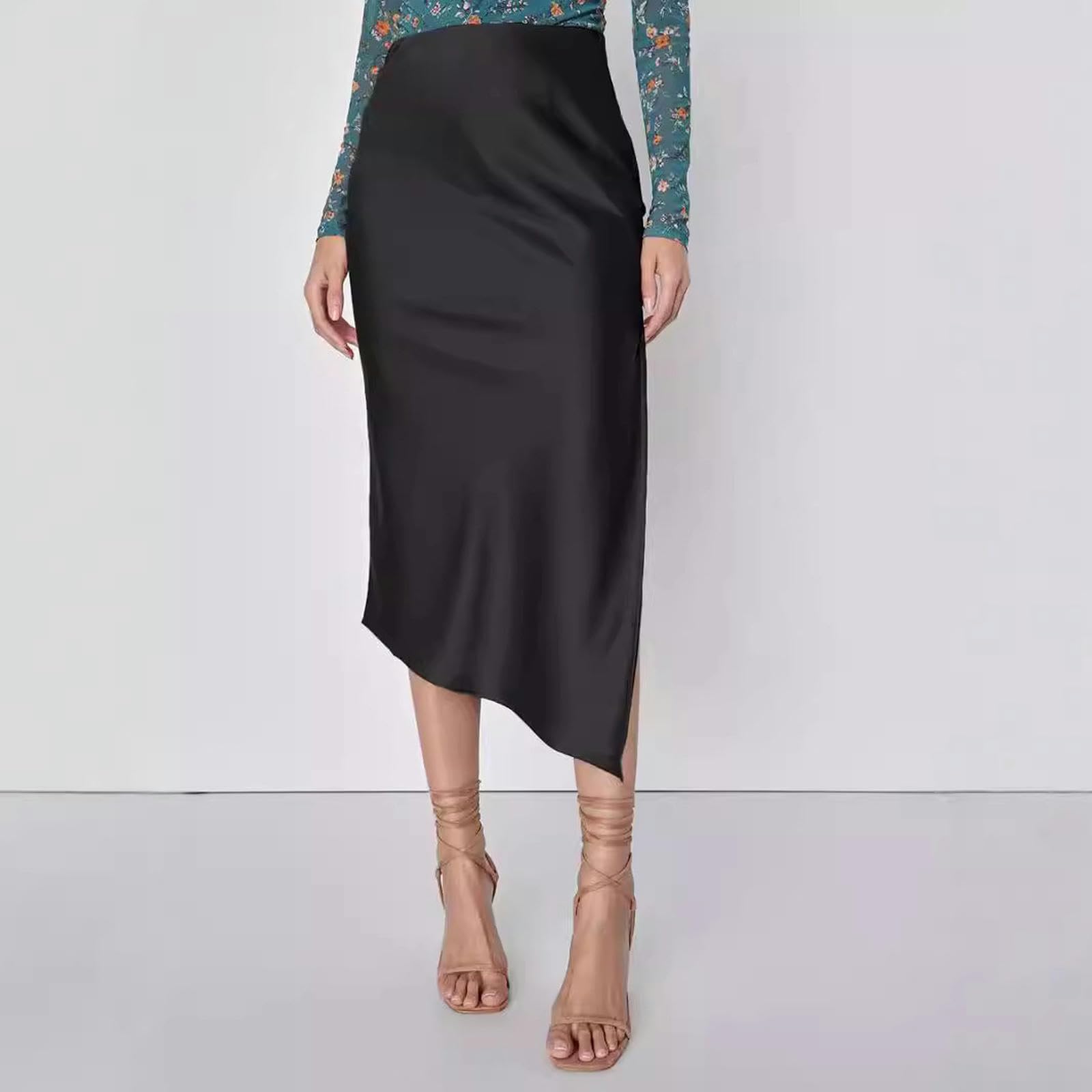 Röcke Frauen Satin Asymmetrischer Hoher Taille Maxirock - Eleganter Schlitz -midi -Rock Für Frühling Und Sommer-schwarz-l