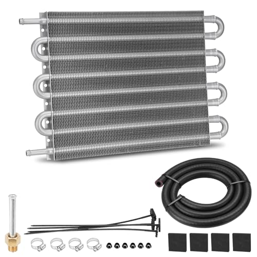 FILTERUP 8 Pass Aluminium Transmission Oil Cooler 5/16 Universal 8 Rows Tube and Fin Cooler Kit engine with Hose Mounting Silver