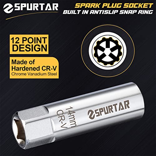 Image of Spurtar 14mm Spark Plug Socket 12-Point Thin Wall 3 /8 inch Drive Spring Clips | Spring Clips, Spark Plug Removal Tool, Cr-V Steel Wrench, Compatible with BMW, Mercedes, Nissan, Mini Motorcycle, Car, SUV