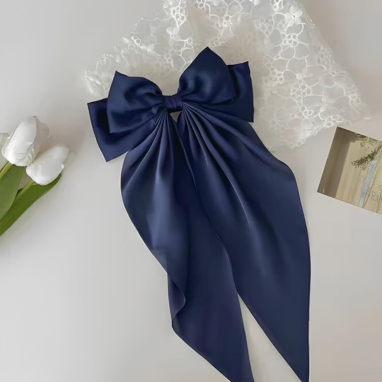Image of FilterFashion Big Satin Layered Hair Bows for Women Girls 11.5 Inch Barrette Hair Clip Long Back Ribbon Bows French Style Hair Accessories (Black,White,NavyBlue)