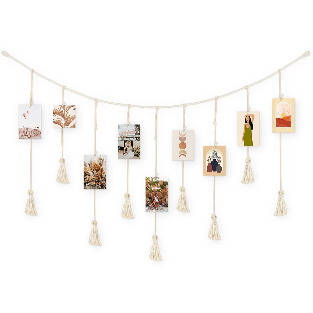 ecooe Foto hängendes Seil DIY Bilderrahmen Wanddekoration | Boho Fotoseil mit Quaste, Fotoleine mit 20 Holzklammern und 2 spurlosen Nägeln Fotoaufhängung (100 cm x 60 cm)