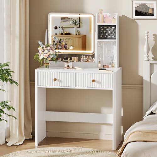 Memobarco Fluted Vanity Desk with Mirror, Lights & Storage