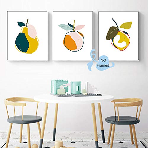 Xun Colorful Fruit Art Print-- Abstract Orange Pear Lemon Botanical Canvas Wall Art--(8”X10”X3 Pieces, Unframed)--Perfect For Kids Room Kitchen Decoration #TOP2