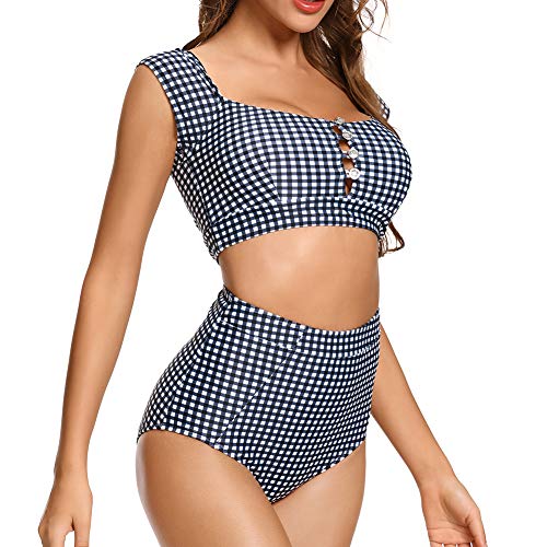 Dixperfect Vintage High Waist 2 Piece Swimsuits Bikini Cap Sleeve Swimwear Bathing Suit (Xl, Gingham) #TOP6