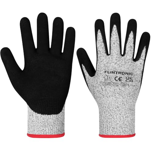 Miniatura 9 de Flintronic Guantes Anticorte 1 Par , Nivel 5 Guantes Resistentes Al Corte, Recubrimiento De Espuma Duradero De Nitrilo, Guantes Anticortes Policiales, Para Cuchillos, Tallar Madera, Gris S