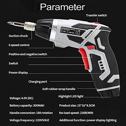 Samnuerly 4,0-V-LED-Akku-Bohrschrauber-Kit Akku-Bohrschrauber mit 180 & deg; drehbarer Griff, 300 mAh Lithium-Ionen-2-Gang-Schraubendreher, 6 + 1 Drehmomenteinstellung mit Bohrern, 46 Bohrzubehör-Set – Bild 8