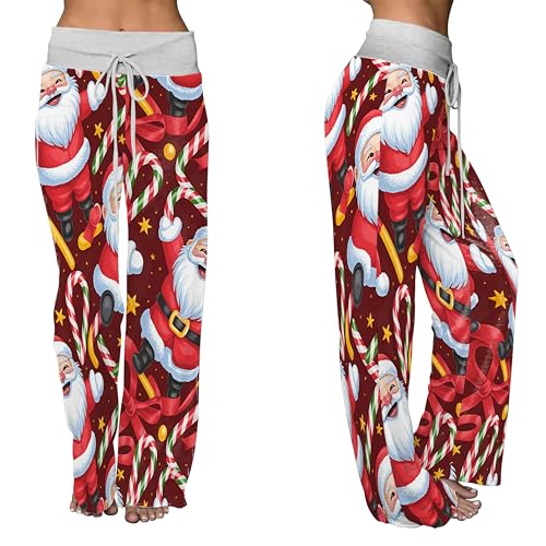 Women's High-Waisted Wide Leg Pants, Deep Red Santa Drawstring Bottom,