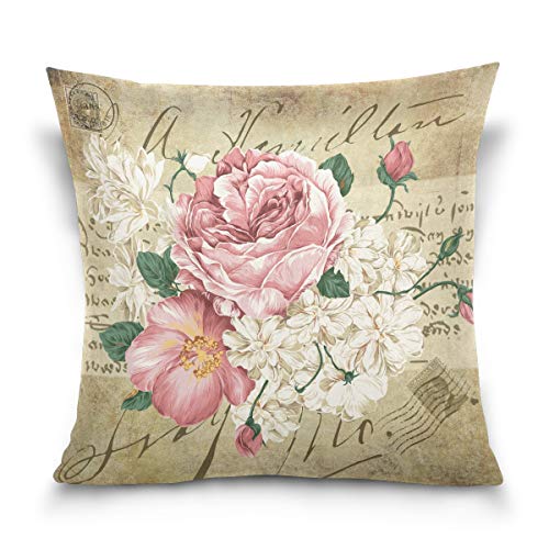 Zoeo Square Decorative Throw Pillow Case Cushion Cover,Vintage Shabby Chic Pink Rose Floral,Soft Pillowcase 16X16 Inch #TOP27