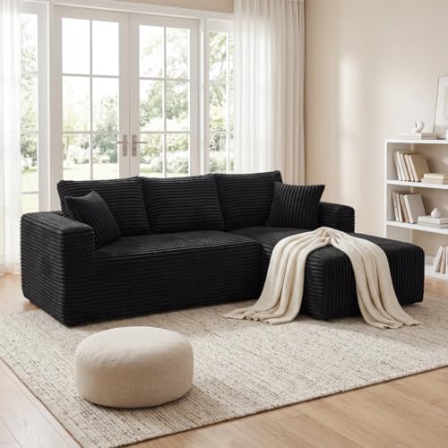 92.5 Modular Sectional Sofa, L-Shaped Cloud Couch with Deep Seats & Chaise, Convertible 4-in-1 Corduroy Boneless Couches for Living Room, Bedroom, No Need Assembly - Black
