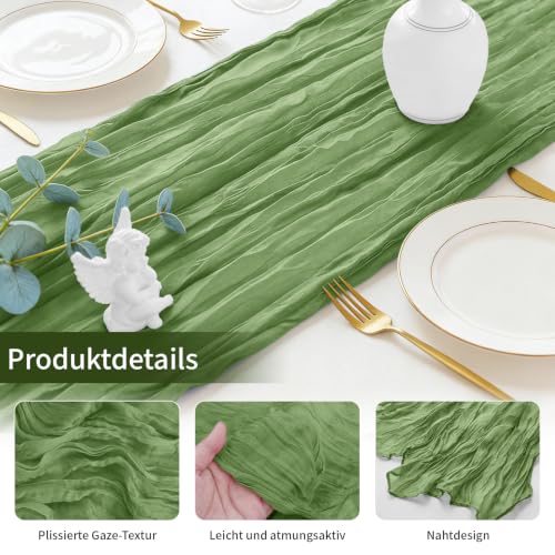 3 Stück Käsetuch Tischläufer Tiefes Salbeigrün, 300 x 90 cm Boho Gaze Tischläufer Cheesecloth Läufer für Hochzeit, Geburtstagsfeiern… – Ansicht 4