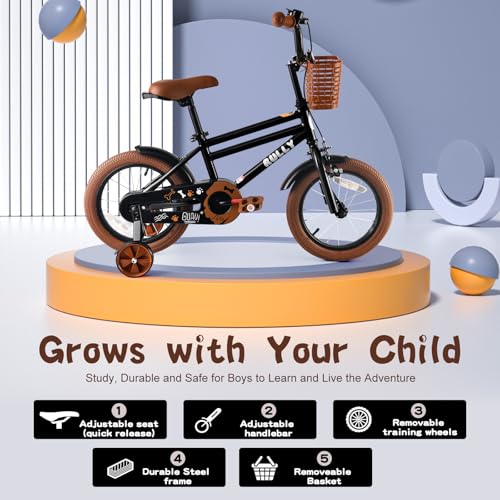 Image of RULLY 12 14 16 Inch Boys' Bike for Kids Ages 2-6, Toddler Bicycle with Training Wheels, Coaster Brake & Handbrake, and Front Basket(Blue Black Green)