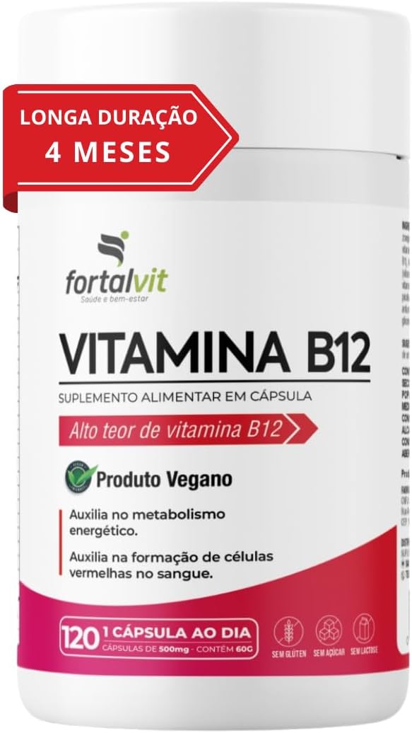 Vitamina B12 Ativa (metilcobalamina) Longa Duração: 4 Meses de Uso, Cápsulas Vegana, 120 Cápsulas,Fortalvit