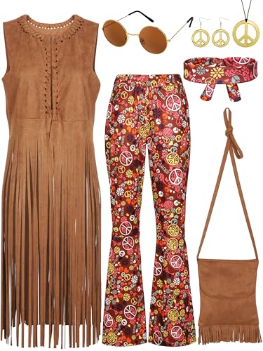 SOMSOC 7 Pieces 70s Women Hippie Costume Set Includes Fringe Vest Bag...