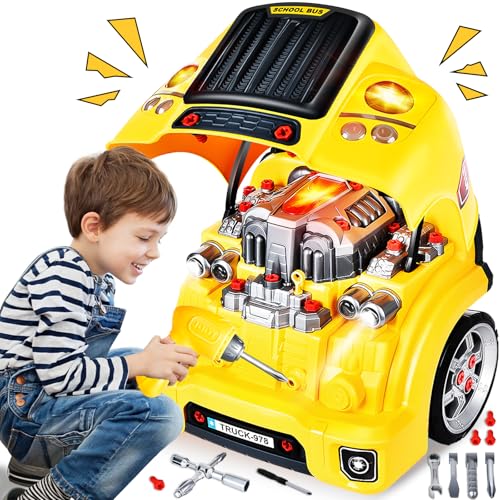 Herenear Motor Camión para Niños, Juguete Motor Camión con Luz y Sonido, Tractor Camión Grande con Taladro-Eléctrico, Faros Almacenaje y Ruedas, Bloque Motor, Ensamblarde Kit para Niños de 3 a 5 Años