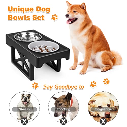 Elevated Dog Bowls, 3 Adjustable Heights Raised Pet Bowl Stand Feeder With Slow Feeder Bowl 2 Stainless Steel Food & Water Bowls For Large Medium And Small Cats And Dog #TOP4