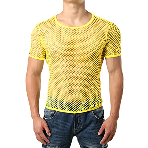 T-shirt jaune en maille transparente homme, le haut résille idéal pour vos soirées clubbing