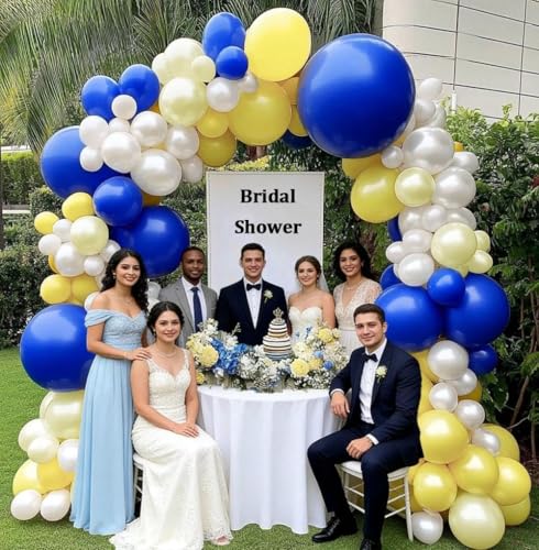 Image of Blue Yellow Balloons Garland Double Stuffed Pearl Yellow White Royal Blue Balloon Arch Kit for Wedding Bridal Baby Shower Lemon Birthday Party Decoration