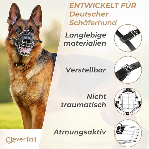CleverTail Maulkorb für Deutschen Schäferhund – Metall-Maulkorb für große Hunde – Stabiler Drahtkäfig-Mundschutz für mittelgroße Hunde wie Husky und Labrador