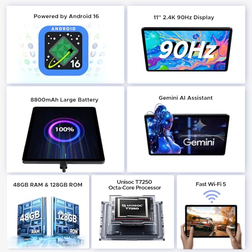 Image of P11 Pro Android Tablet, 11 inch Tablet, 48GB RAM+128GB ROM, Android 16 Tablet with Gemini AI, 2.4K 90Hz, T7250 Octa-Core, 8800mAh, 13MP+5MP, 5G WiFi, Tablet with Pen, Keyboard, Mouse-Purple