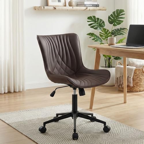 Image of YOUNIKE Office Chair Brown, Armless Desk Chair with Wheels, Home Office Task Chairs, Modern Faux Leather Upholstered Adjustable Swivel Rocking Chair with Back