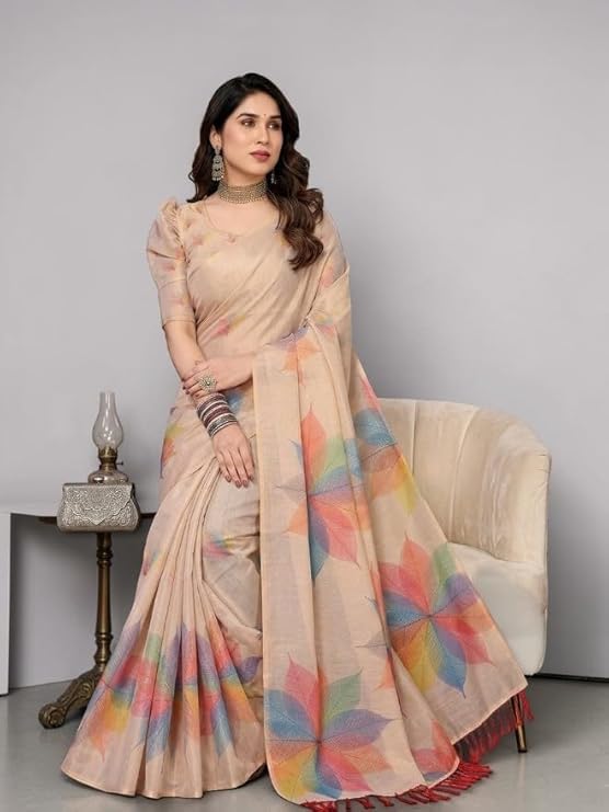 Image of Lilan Cotton Saree with White Daisy Floral Prints Tassel Pallu Lightweight Summer Saree