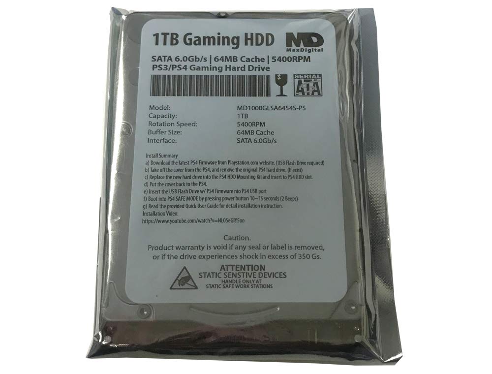 MaxDigitalData (MD1000GLSA6454-PS) - Disco Duro para Juegos (1 TB, 64 MB, caché de 5400 RPM, SATA de 6,0 GB/s, 2,5", 7 mm, para PS3/PS4)
