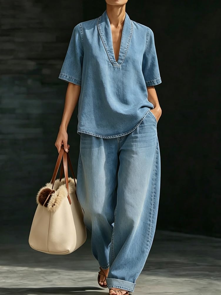 ORANDESIGNE Ensemble Jeans Femme 2 Pieces Chic et Elegant Été Tenue Haut Manches Courtes + Jean Pantalon Costume Tailleur