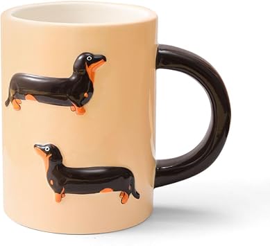 Textured Dachshund Coffee Mug, 16oz Ceramic Cup with 3D Relief Design, Beige with Black Handle Gift for Dog Lovers