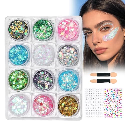 Prreal Lot de 12 paillettes pour le visage, le corps et les ongles - Avec pinceau - Paillettes auto-adhésives - Pour le maquillage des yeux - Pour le carnaval et les festivals