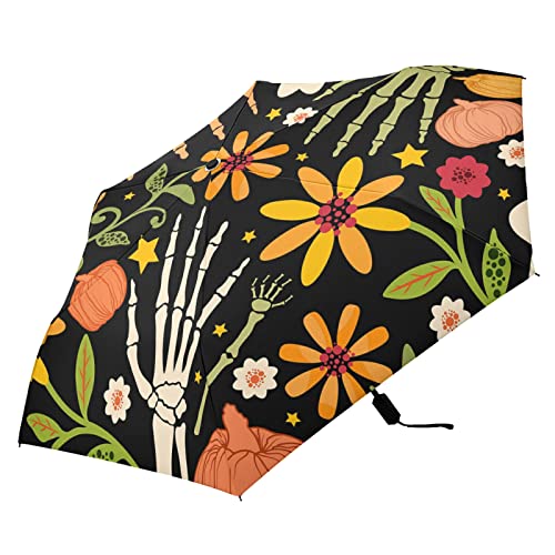 Poeticcity Colorful Halloween Seamless Human Hand Skeleton Floral Flowers Folding Umbrella, Anti-UV 3 Folds Lightweight Parasol, Compact Windproof Strong Umbrellas for Car Travel Sun & Rain