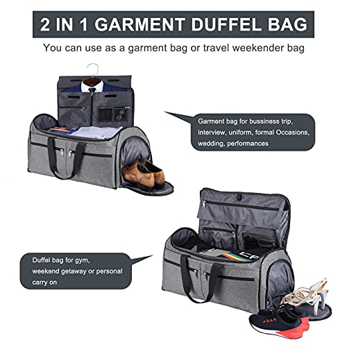 Carry on Garment Bag for Business Travel, Bukere Convertible Travel Duffel Bag with Shoe Compartment, Detachable Shoulder Strap, 2 in 1 Weekender Suit Bag for Men Women
