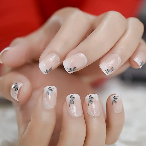 Miniatura 2 de iBeautying - Uñas postizas a presión blancas y rosas francesas, uñas postizas con acabado de gel UV, uñas postizas reutilizables con purpurina