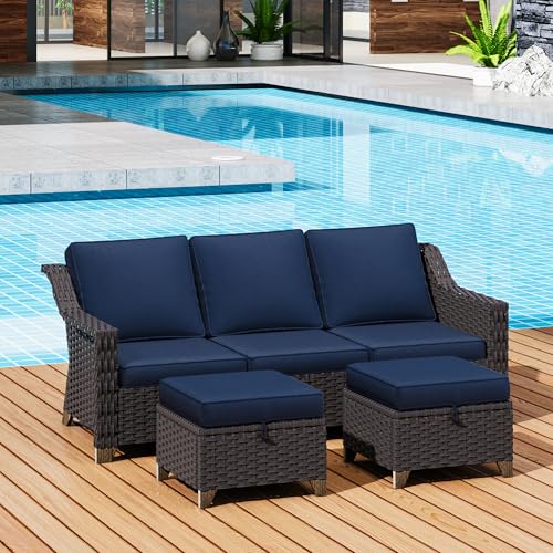 Image of 3 Pieces Outdoor Conversation Furniture Set - 77 inch Patio Sofa, 2 Rattan Wicker Ottomans, Patio Wicker Couch Set with Water-Resistant for Sunroom, Deck, Porch (Navy Blue) | Patio Chair Set with Olefin Removable Cushion, All-Weather Outdoor Couch with Deep Seat for Porch, Deck and Backyard, Blue