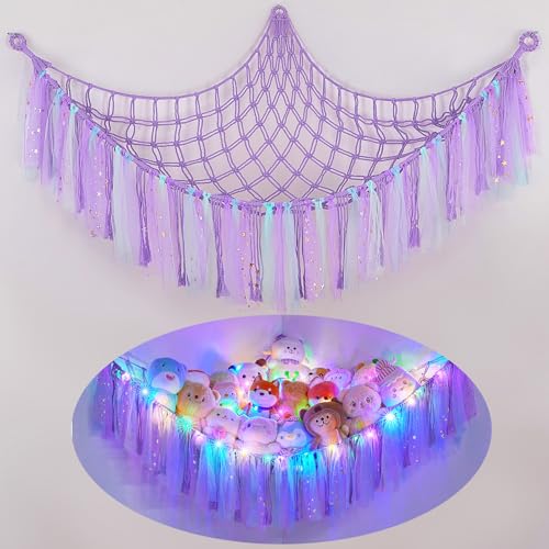 Image of FIOBEE Stuffed Animals Net LED Light Toy Hammock for Kids Bedroom Storage | Stuffed Animals Storage Organizer, Girls Room Decor, Teddy Bear Holder, Space Saving, for Kids Nursery Bedroom Playroom