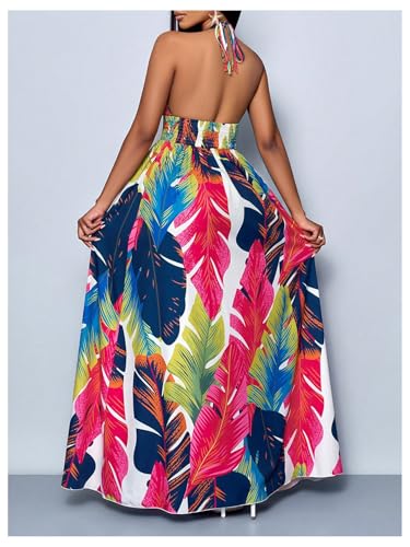 Women's 2025 Summer Halter Dress Tropical Tie Backless Deep V Neck Sleeveless Split Flowy Maxi Dresses2