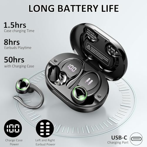 Image of Matast 2026 Bluetooth 5.4 Headphones Sports, 50 Playback Over-Ear Buds with 4 ENC Noise Cancelling Mics Deep Bass Fitness Earphones Gym Running Workout, IP7 Headset with Earhook LED Display