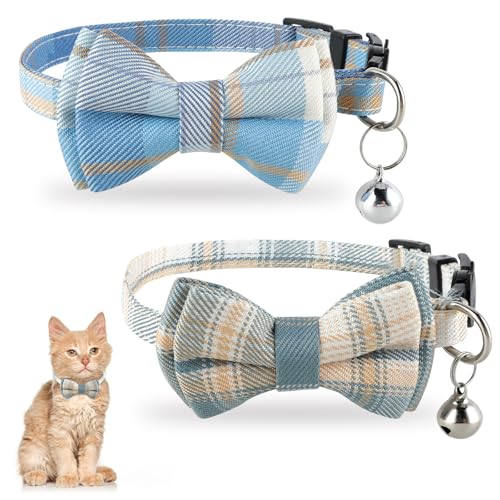 Jeffdad 2Pcs Cat Collar Breakaway, Cat Collar with Bells Bowtie Plaid Cat Collar Adjustable for...