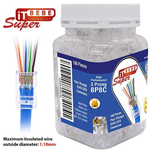 ITBEBE 100-Pack Cat 6 Pass Through RJ45 Connectors (RJ45 Connector / RJ45 Passthrough Connector Cat6 / RJ45 Connectors Cat6/Ethernet Connectors) for Solid or Stranded UTP Ethernet Cable