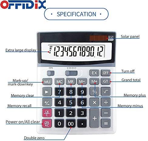 OFFIDIX Large Key Calculators Office Desktop Calculator, Solar and Battery Dual Power Electronic Calculator Portable 12 Digit Large LCD Display Calculator 2018 New Gift (Silver)