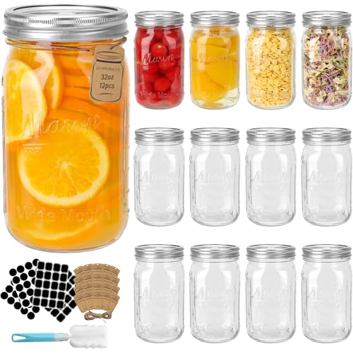 HYCKee Wide Mouth Mason Jars1000ml 12 Pack Glass Canning Jars with Airtight Lids and Bands Large Canister for Pickling Canning Fermenting and Food Storage Microwave & Dishwasher Safe