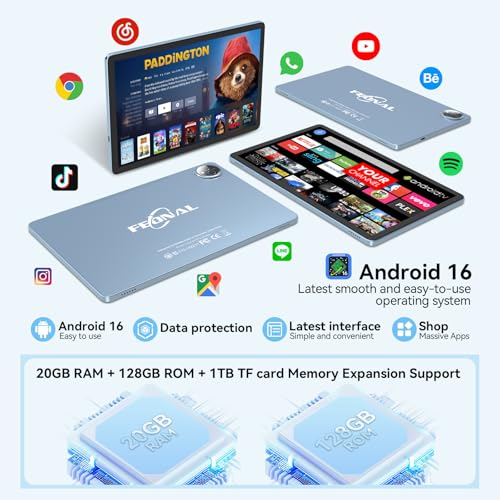 Image of Tablet 11 inch Android 16 Tablet, 2026 Update 128GB ROM 20GB RAM, 4G LTE Tablets, 5G WiFi+Cellular, Octa-Core MTK8786, 13+8 MP Rear and Front Camera,Incell FHD Screen, T-Mobile SIM Card Support