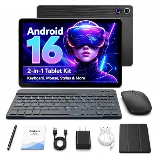 Jeazans Android 16 Tablet 10.1 Inch, 2-in-1 Tablet Bundle with Keyboard, Wireless Mouse, Stylus,...