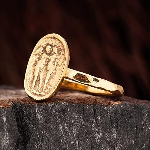 Anello con moneta d'angelo, anello con moneta romana antica, anello con moneta con sigillo. Anello in argento greco antico placcato oro 24 carati.