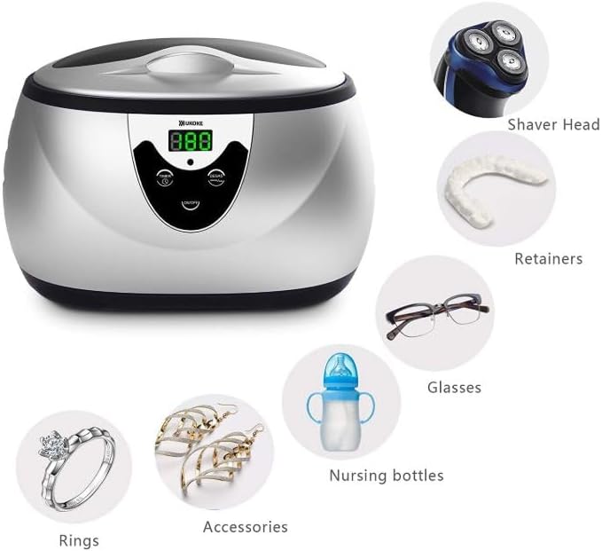 ukoke ultrasonic jewelry & retainer cleaner – professional ultrasonic cleaner machine for dentures, mouth guards, braces, toothbrush heads, rings & watches with timer – perfect christmas gift silver