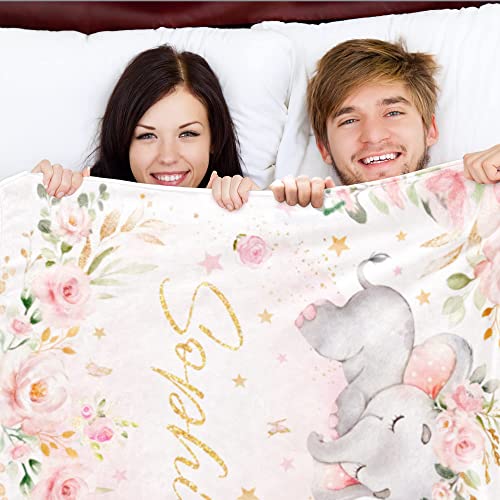Image of Customized Baby Elephant Blanket with Name for Girl Custom Newborn Blanket