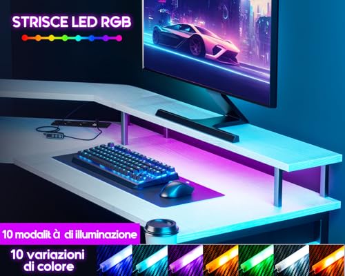 Scrivania Gaming con LED, Scrivania Gaming Angolare con Prese e Porte USB, Supporto per Monitor, Bianco, 129x129 cm - Scrivania Gaming - Immagine 5