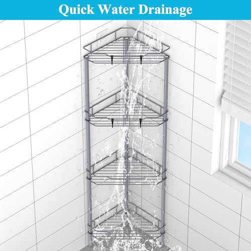Image of HuggieGems 4 Tier Floor Standing Corner Shower Caddy Organizer Shelf with Hooks, Bathroom Shelves Stand Rack, Dark Gray
